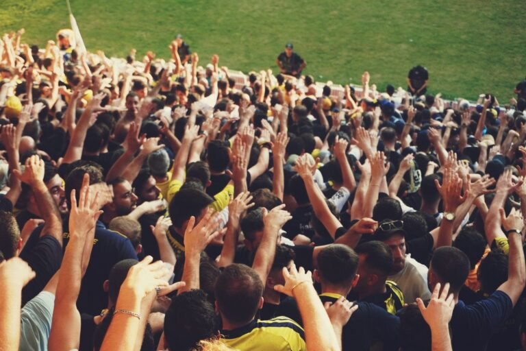 Fãs de futebol brasileiros aplaudindo em um estádio, com bandeiras e faixas coloridas, atmosfera vibrante