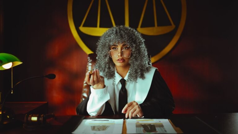 Cena de um juiz em um tribunal revisando documentos legais, com um corredor de estádio de futebol ao fundo.